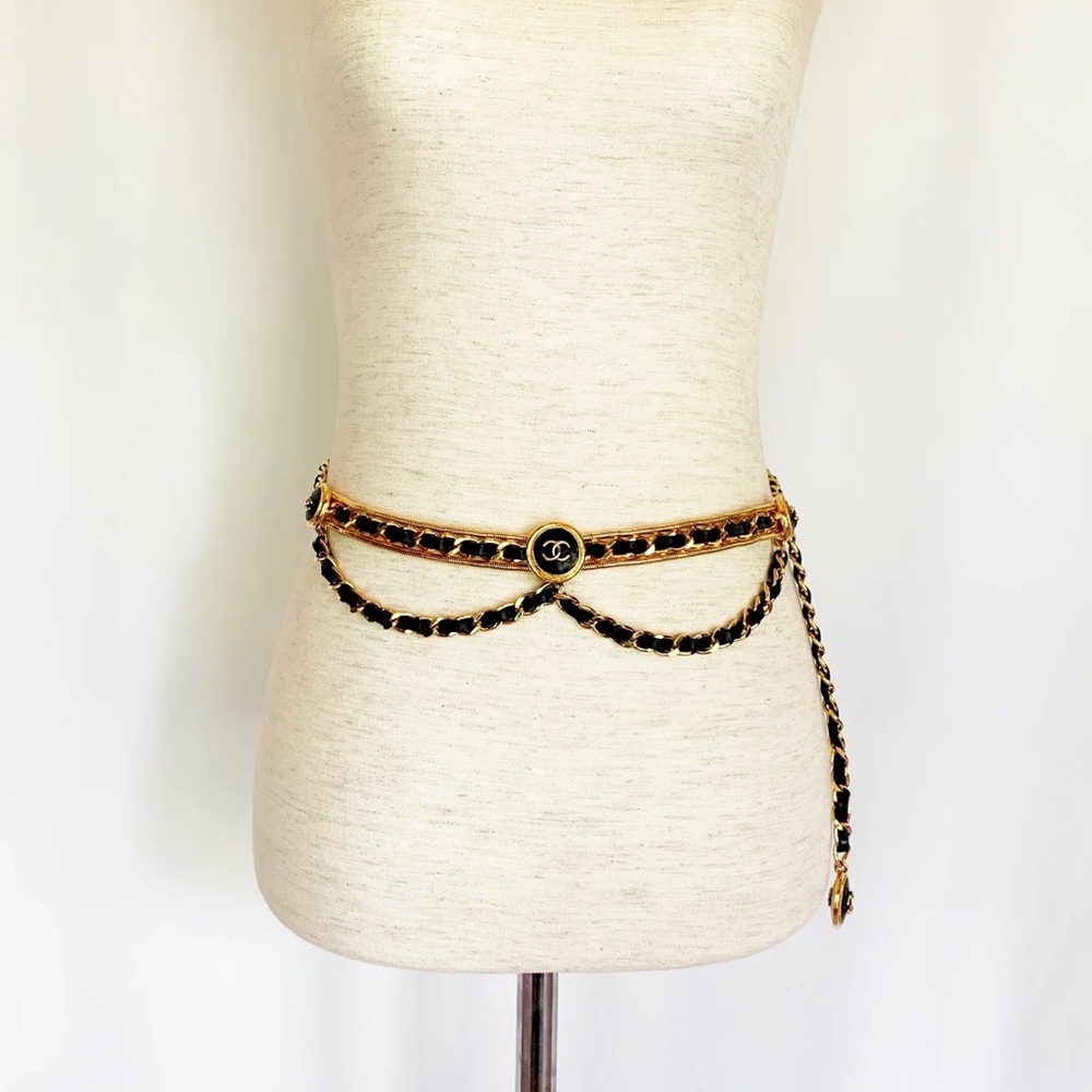 Authentic CHANEL 1990s NEW vintage triple leather chain belt clover charm RARE - Picture 2 of 15